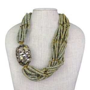 Multistrand Womens Green Shell Bead Necklace With Gold Accents